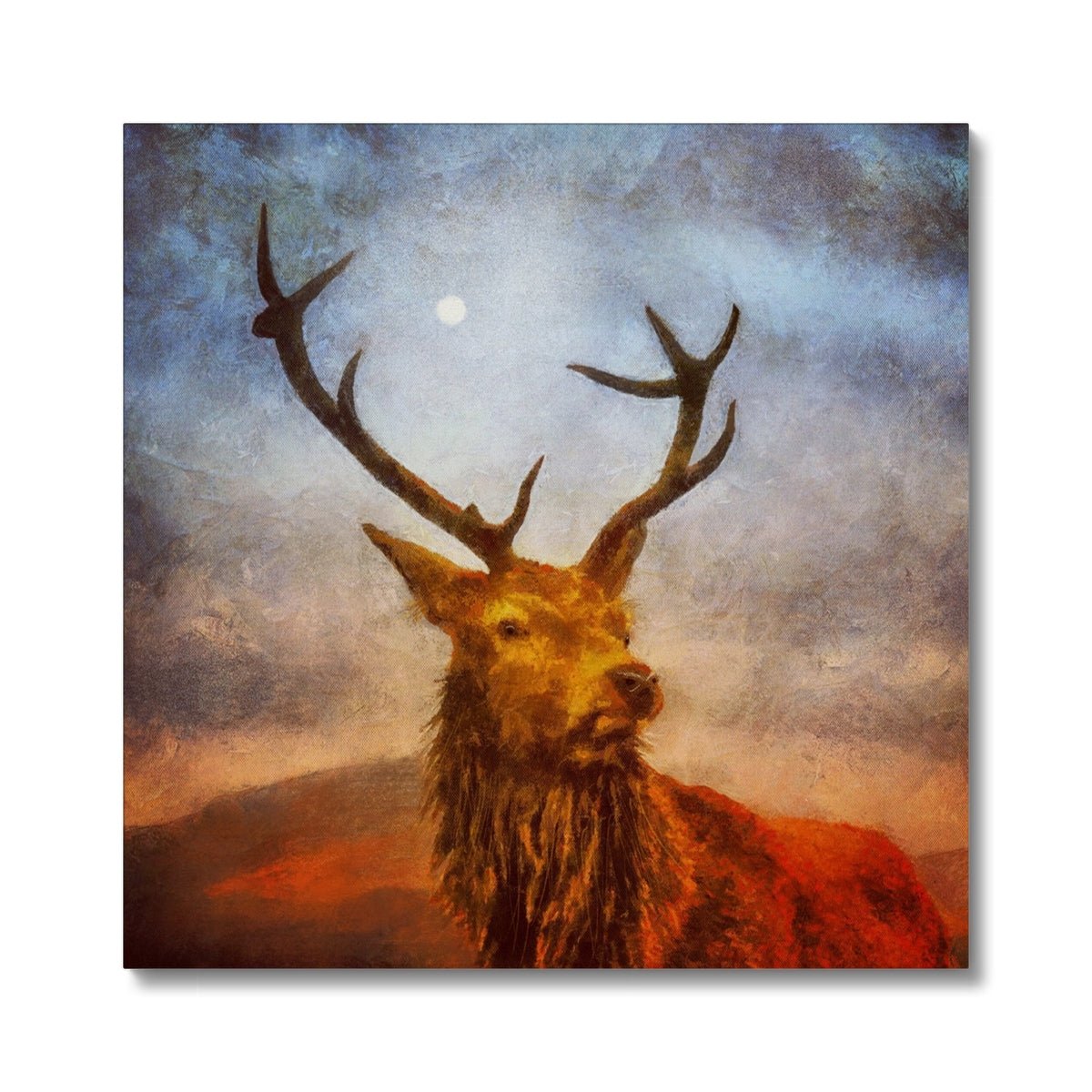 A Moonlit Highland Stag Painting | Canvas-Contemporary Stretched Canvas Prints-Scottish Highlands & Lowlands Art Gallery-24"x24"-Paintings, Prints, Homeware, Art Gifts From Scotland By Scottish Artist Kevin Hunter