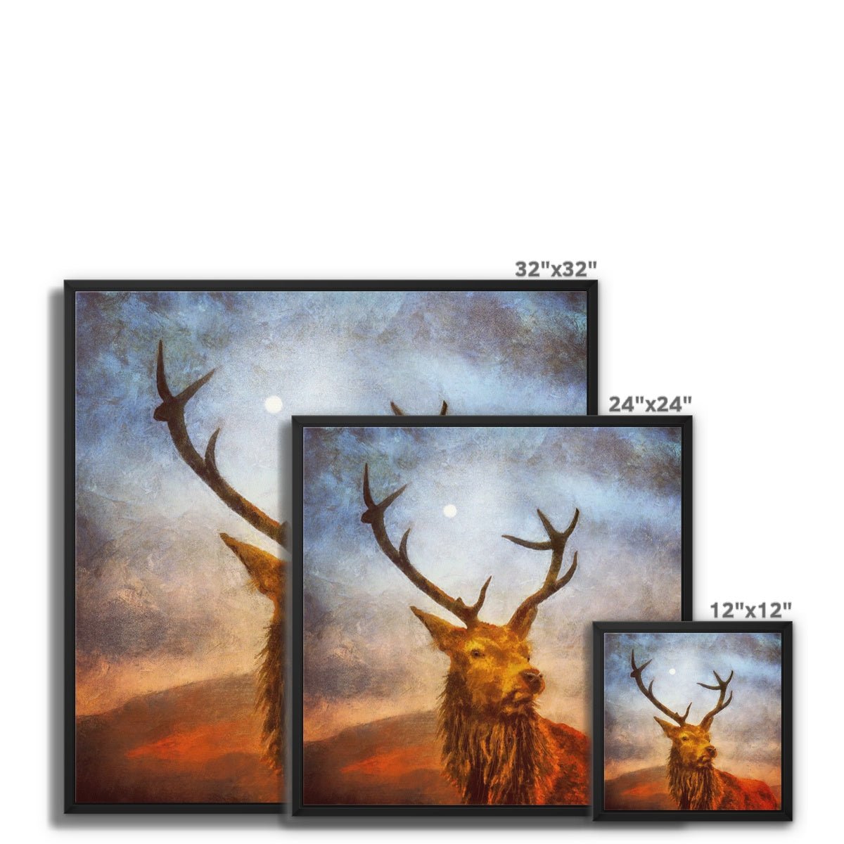 A Moonlit Highland Stag Painting | Framed Canvas From Scotland-Floating Framed Canvas Prints-Scottish Highlands & Lowlands Art Gallery-Paintings, Prints, Homeware, Art Gifts From Scotland By Scottish Artist Kevin Hunter