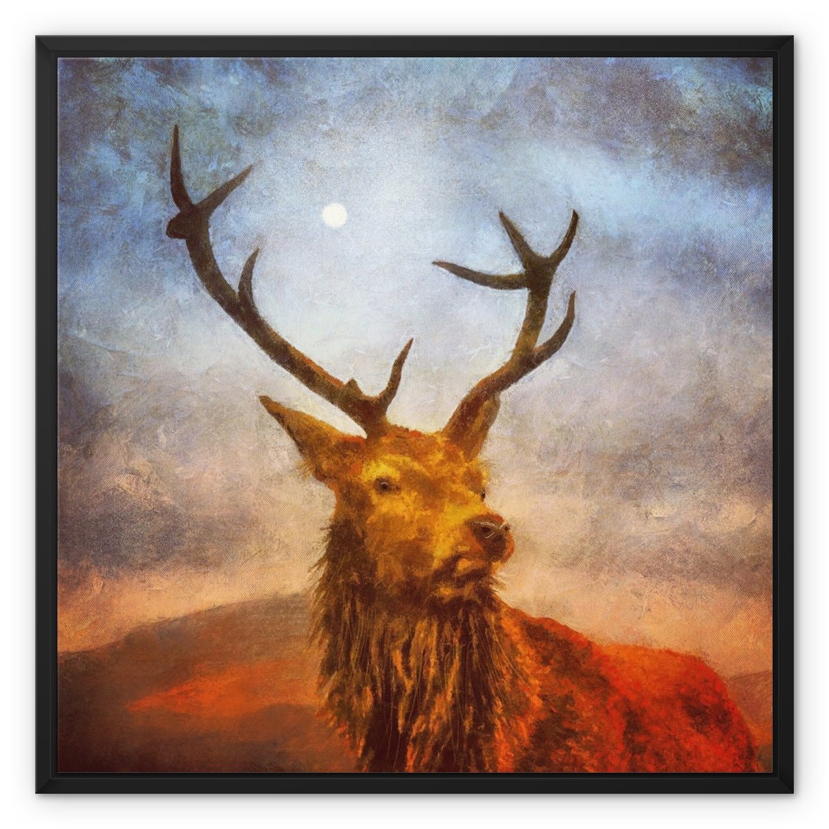 A Moonlit Highland Stag Painting | Framed Canvas From Scotland-Floating Framed Canvas Prints-Scottish Highlands & Lowlands Art Gallery-24"x24"-Black Frame-Paintings, Prints, Homeware, Art Gifts From Scotland By Scottish Artist Kevin Hunter