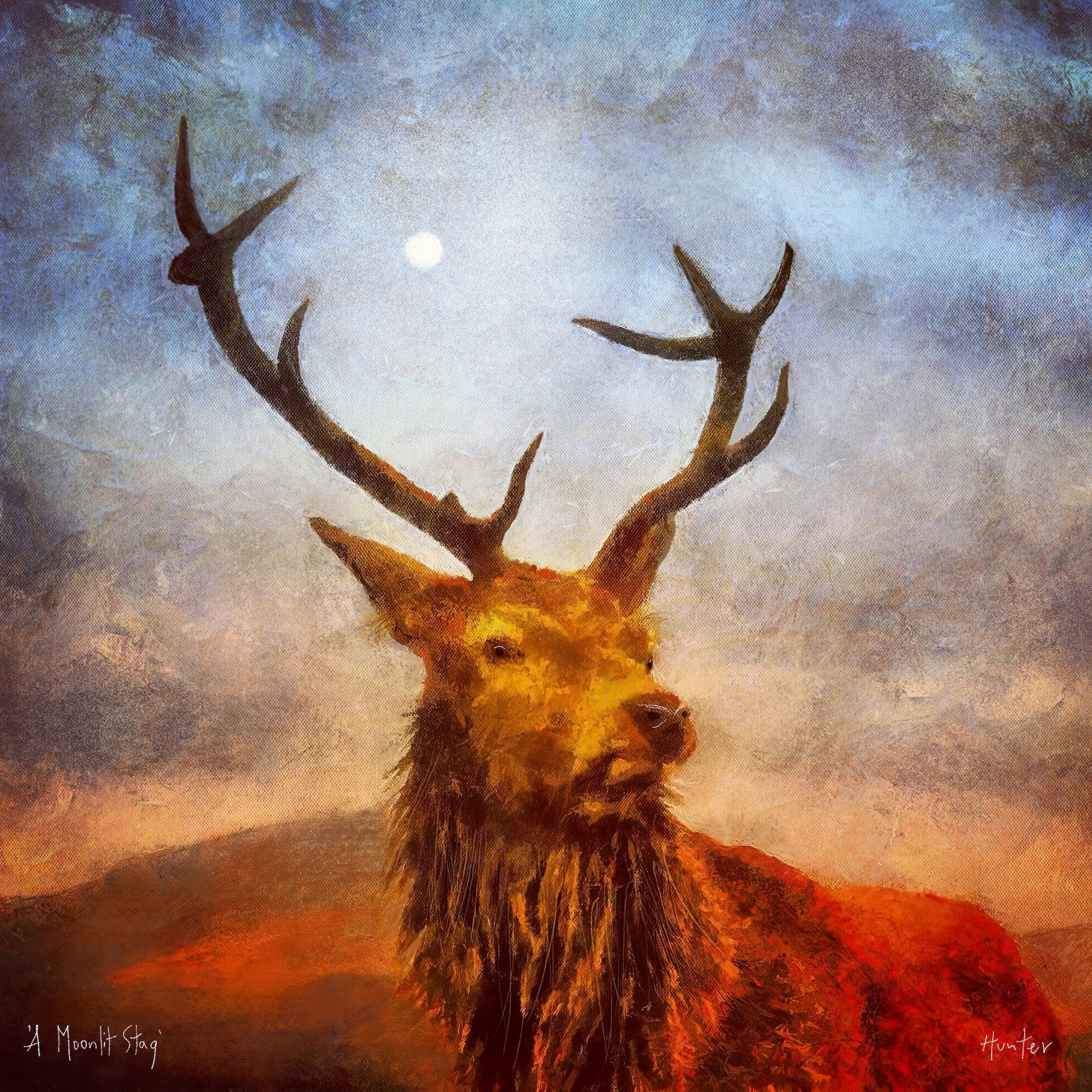 A Moonlit Highland Stag | Scotland In Your Pocket Art Print-Scotland In Your Pocket Framed Prints-Scottish Highlands & Lowlands Art Gallery-Paintings, Prints, Homeware, Art Gifts From Scotland By Scottish Artist Kevin Hunter