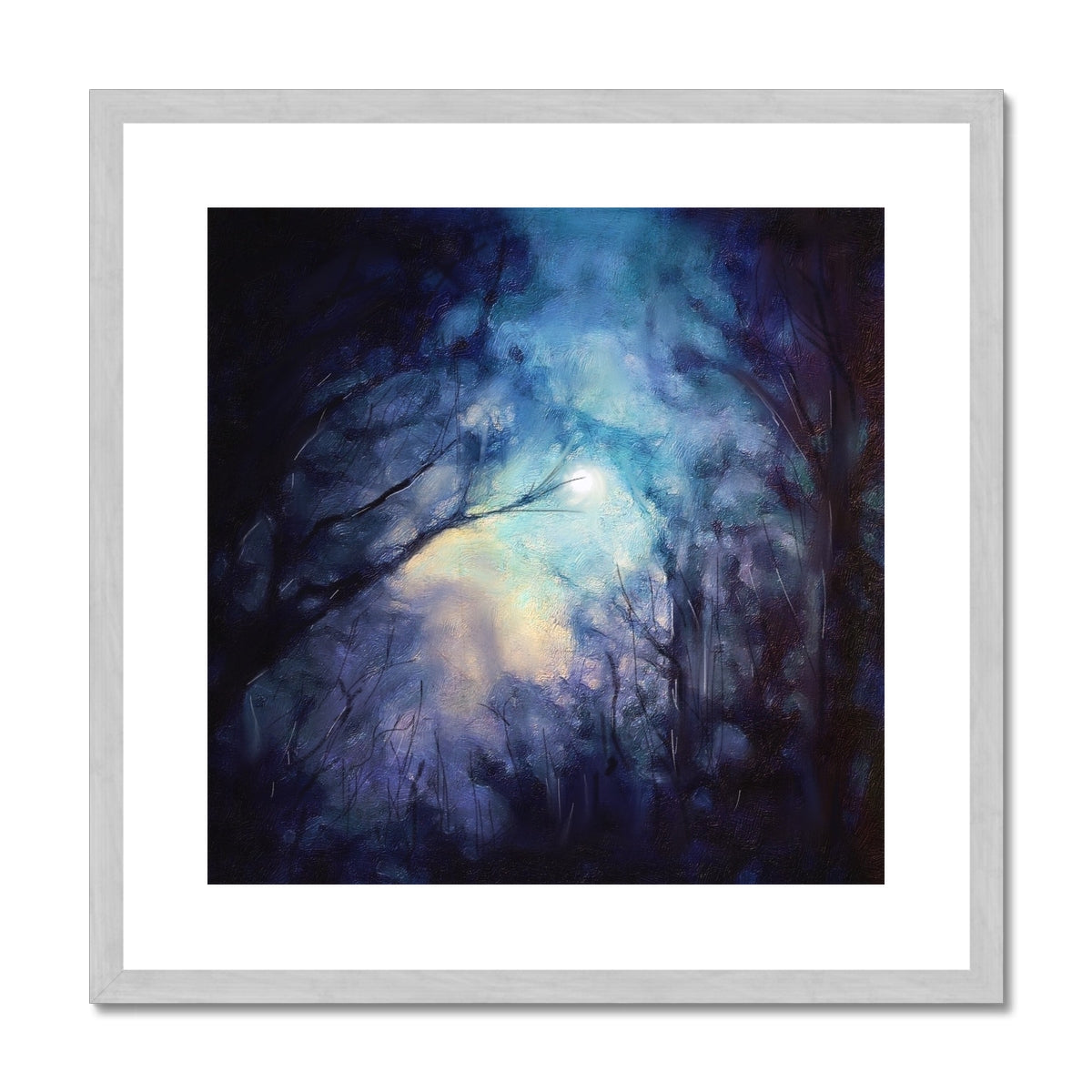 A Moonlit Highland Wood Painting | Antique Framed & Mounted Prints From Scotland-Antique Framed & Mounted Prints-Scottish Highlands & Lowlands Art Gallery-20"x20"-Silver Frame-Paintings, Prints, Homeware, Art Gifts From Scotland By Scottish Artist Kevin Hunter