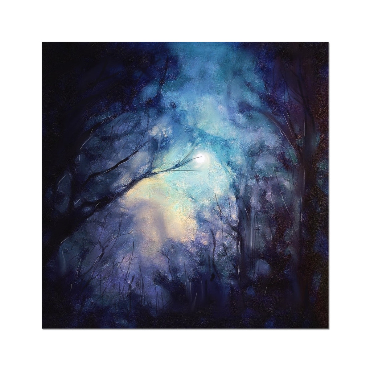 A Moonlit Highland Wood Painting | Artist Proof Collector Prints From Scotland-Artist Proof Collector Prints-Scottish Highlands & Lowlands Art Gallery-20"x20"-Paintings, Prints, Homeware, Art Gifts From Scotland By Scottish Artist Kevin Hunter
