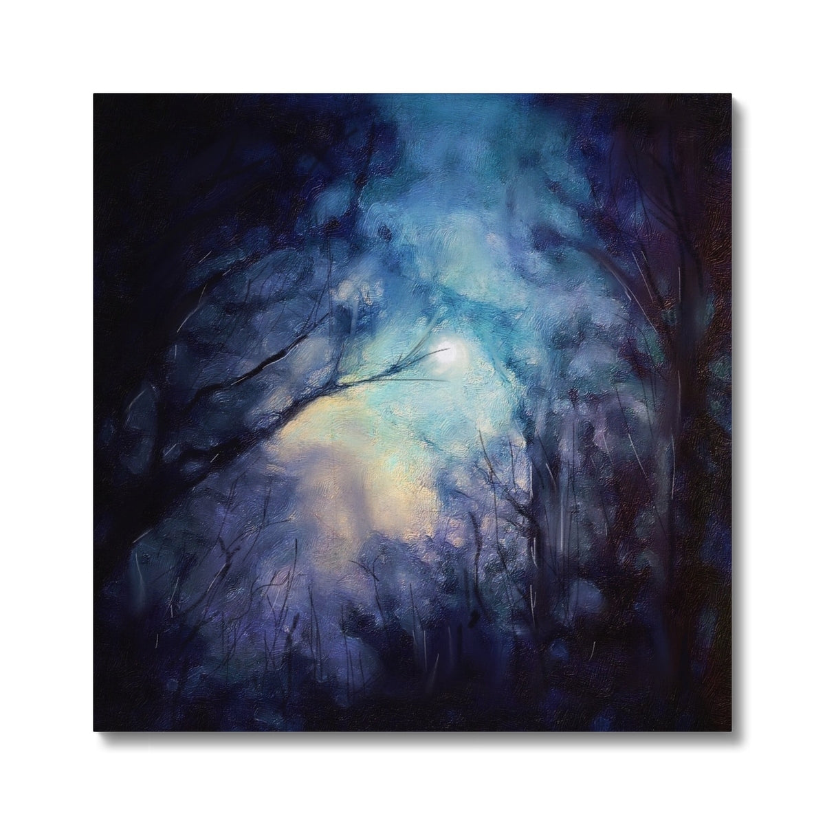 A Moonlit Highland Wood Painting | Canvas From Scotland-Contemporary Stretched Canvas Prints-Scottish Highlands & Lowlands Art Gallery-24"x24"-Paintings, Prints, Homeware, Art Gifts From Scotland By Scottish Artist Kevin Hunter
