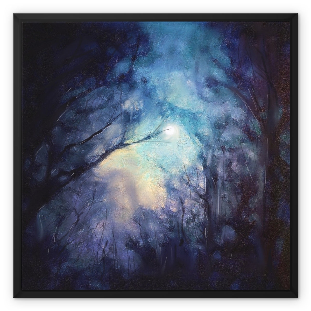 A Moonlit Highland Wood Painting | Framed Canvas From Scotland-Floating Framed Canvas Prints-Scottish Highlands & Lowlands Art Gallery-24"x24"-Paintings, Prints, Homeware, Art Gifts From Scotland By Scottish Artist Kevin Hunter