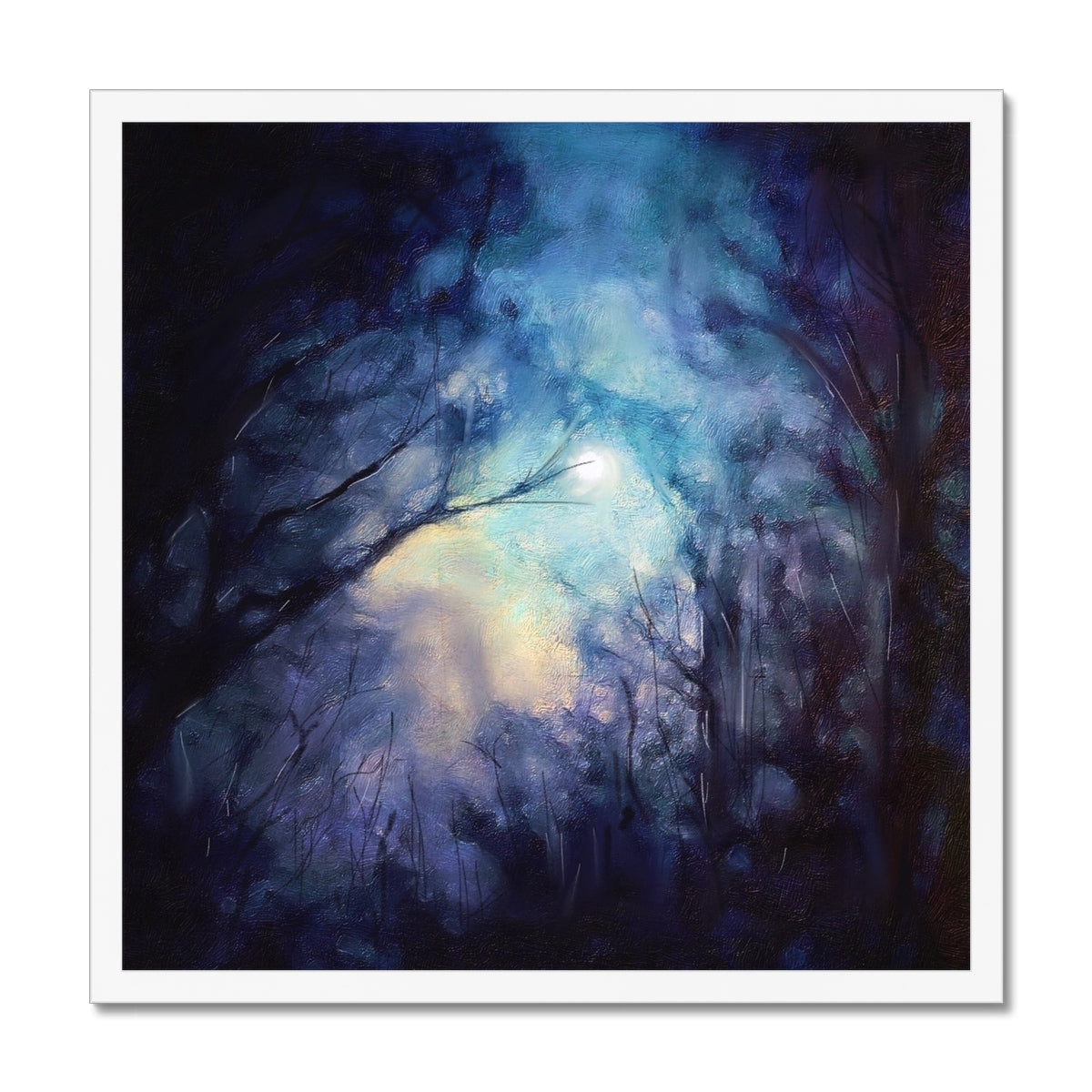 A Moonlit Highland Wood Painting | Framed Prints From Scotland-Framed Prints-Scottish Highlands & Lowlands Art Gallery-20"x20"-White Frame-Paintings, Prints, Homeware, Art Gifts From Scotland By Scottish Artist Kevin Hunter