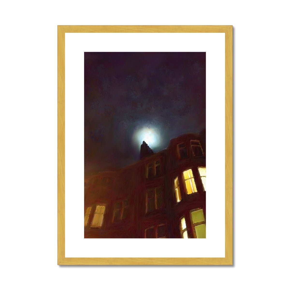 A Moonlit Tenement Painting | Antique Framed & Mounted Prints From Scotland-Antique Framed & Mounted Prints-Edinburgh & Glasgow Art Gallery-A2 Portrait-Gold Frame-Paintings, Prints, Homeware, Art Gifts From Scotland By Scottish Artist Kevin Hunter
