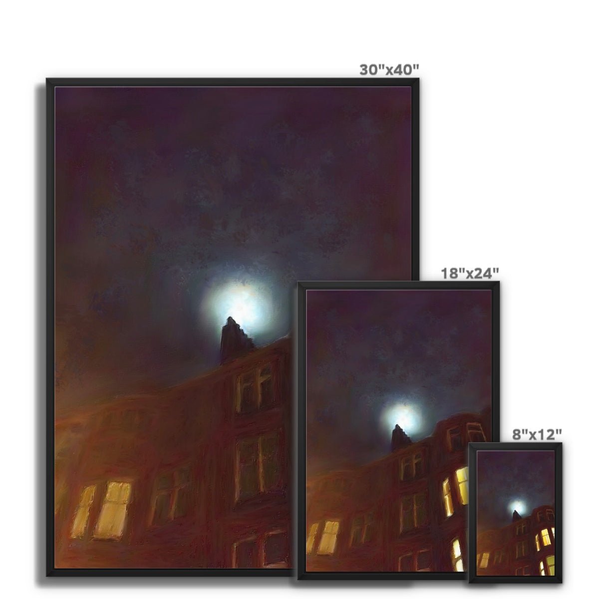 A Moonlit Tenement Painting | Framed Canvas From Scotland-Floating Framed Canvas Prints-Edinburgh & Glasgow Art Gallery-Paintings, Prints, Homeware, Art Gifts From Scotland By Scottish Artist Kevin Hunter