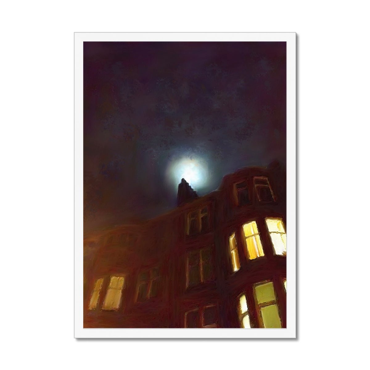 A Moonlit Tenement Painting | Framed Prints From Scotland-Framed Prints-Edinburgh & Glasgow Art Gallery-A2 Portrait-White Frame-Paintings, Prints, Homeware, Art Gifts From Scotland By Scottish Artist Kevin Hunter