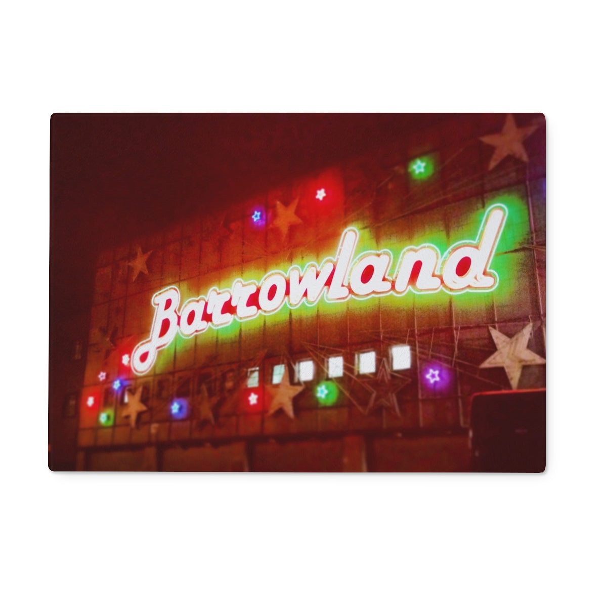 A Neon Glasgow Barrowlands Art Gifts Glass Chopping Board-Glass Chopping Boards-Edinburgh & Glasgow Art Gallery-15"x11" Rectangular-Paintings, Prints, Homeware, Art Gifts From Scotland By Scottish Artist Kevin Hunter