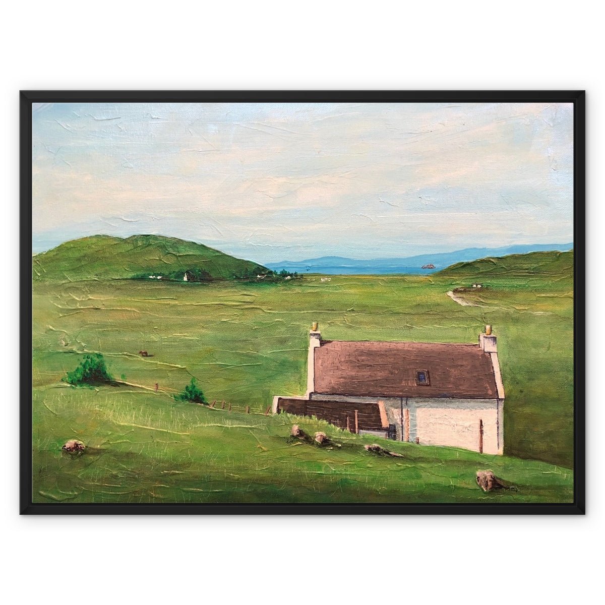 A Skye Cottage Painting | Framed Canvas From Scotland-Floating Framed Canvas Prints-Skye Art Gallery-32"x24"-Black Frame-Paintings, Prints, Homeware, Art Gifts From Scotland By Scottish Artist Kevin Hunter