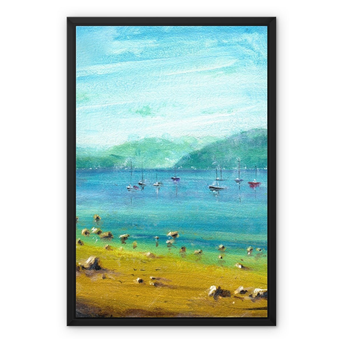 A Summer Day On The Clyde Painting | Framed Canvas From Scotland-Floating Framed Canvas Prints-River Clyde Art Gallery-18"x24"-Black Frame-Paintings, Prints, Homeware, Art Gifts From Scotland By Scottish Artist Kevin Hunter