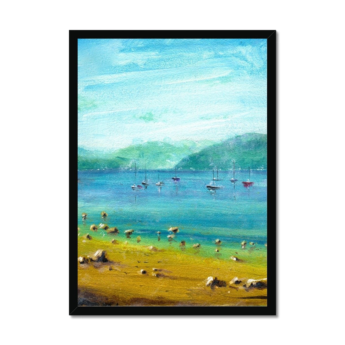A Summer Day On The Clyde Painting | Framed Prints From Scotland-Framed Prints-River Clyde Art Gallery-A2 Portrait-Black Frame-Paintings, Prints, Homeware, Art Gifts From Scotland By Scottish Artist Kevin Hunter