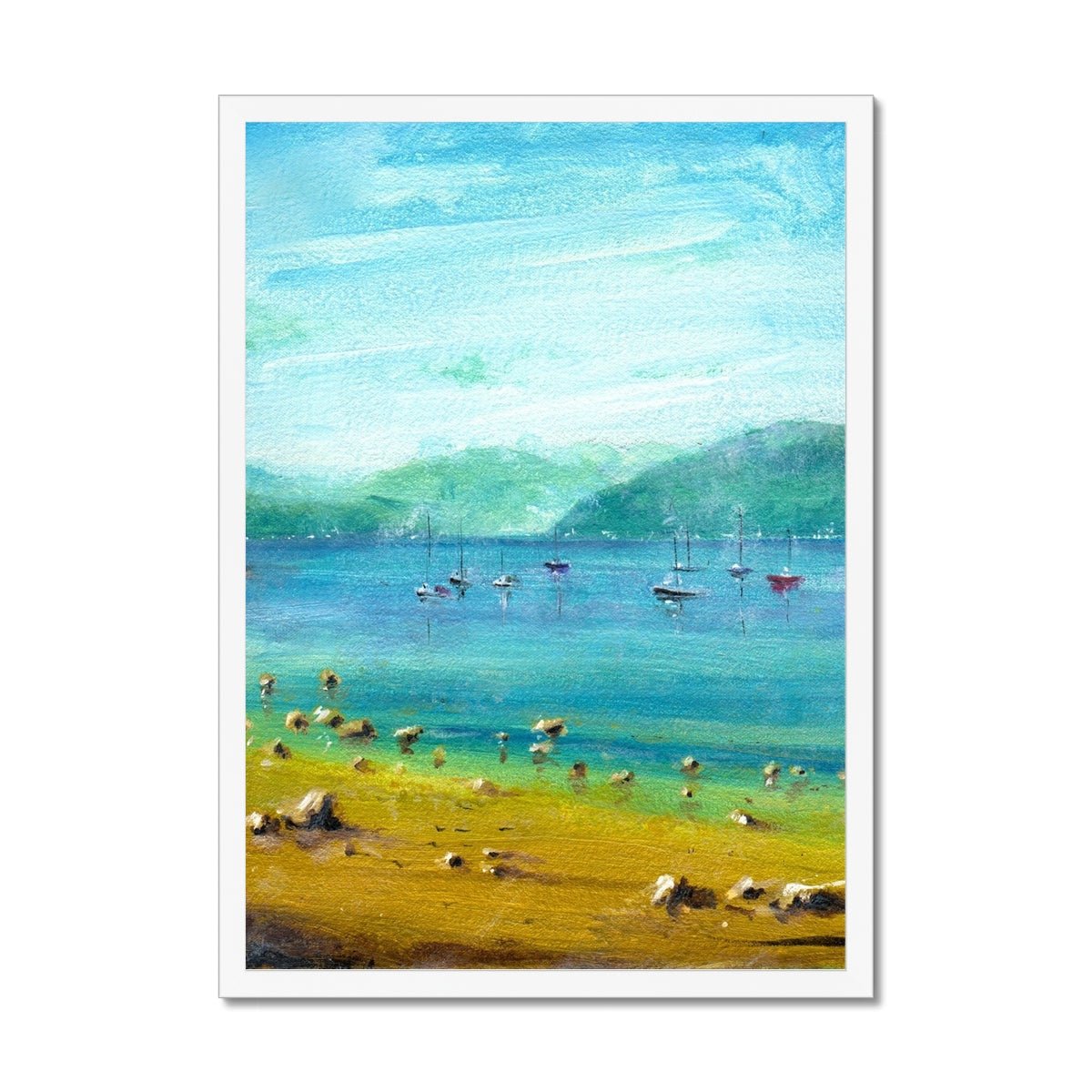 A Summer Day On The Clyde Painting | Framed Prints From Scotland-Framed Prints-River Clyde Art Gallery-A2 Portrait-White Frame-Paintings, Prints, Homeware, Art Gifts From Scotland By Scottish Artist Kevin Hunter