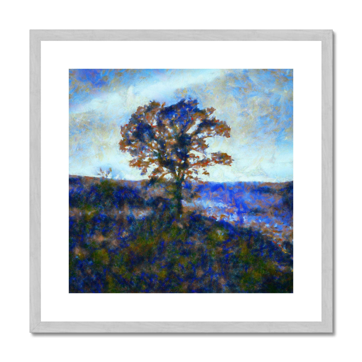 A Winter Highland Tree Painting | Antique Framed & Mounted Prints From Scotland-Antique Framed & Mounted Prints-Scottish Highlands & Lowlands Art Gallery-20"x20"-Silver Frame-Paintings, Prints, Homeware, Art Gifts From Scotland By Scottish Artist Kevin Hunter