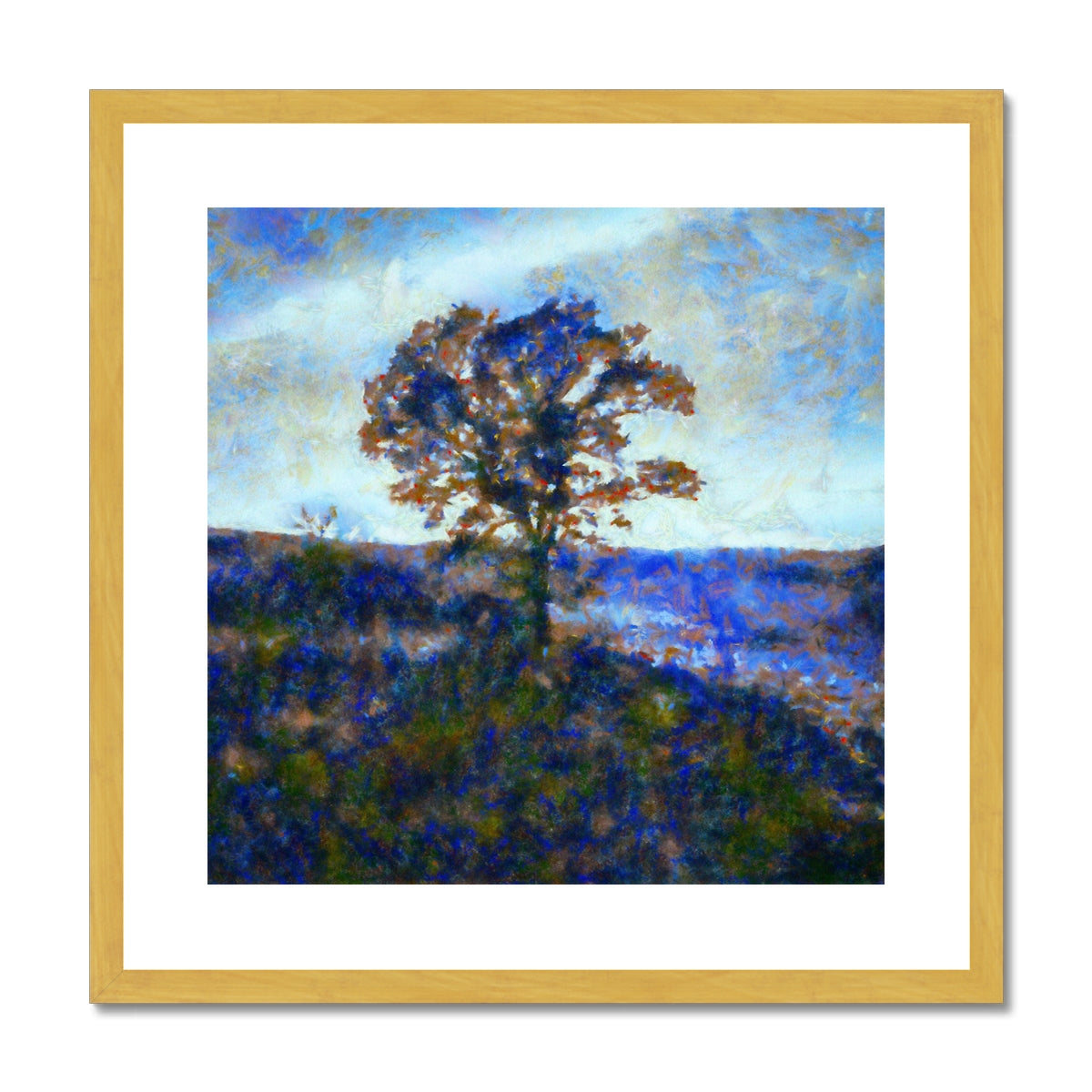 A Winter Highland Tree Painting | Antique Framed & Mounted Prints From Scotland-Antique Framed & Mounted Prints-Scottish Highlands & Lowlands Art Gallery-20"x20"-Gold Frame-Paintings, Prints, Homeware, Art Gifts From Scotland By Scottish Artist Kevin Hunter
