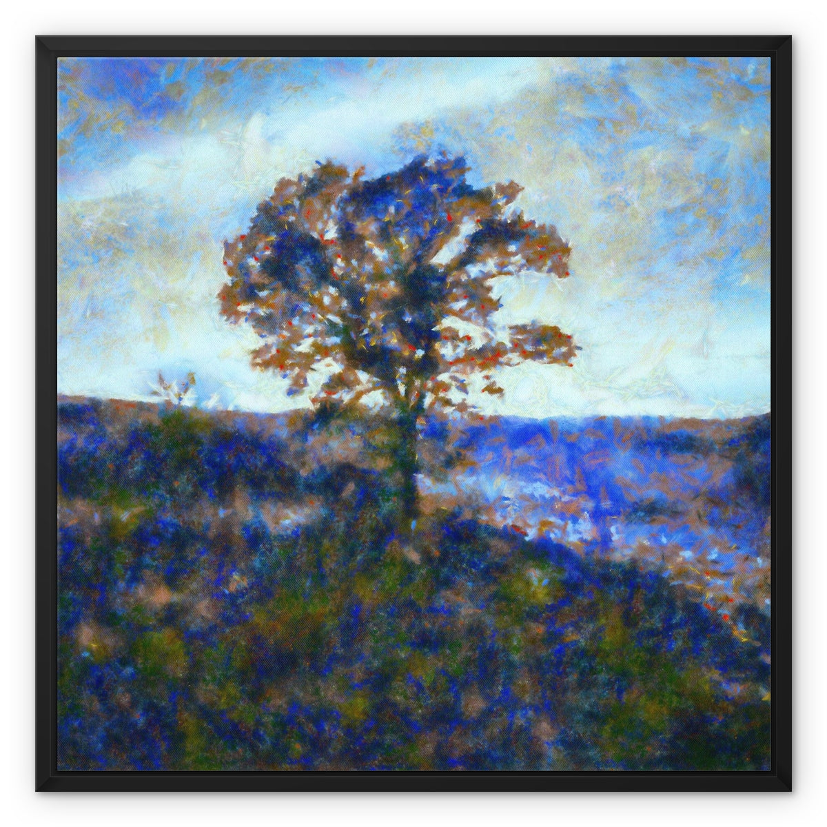 A Winter Highland Tree Painting | Framed Canvas From Scotland-Floating Framed Canvas Prints-Scottish Highlands & Lowlands Art Gallery-24"x24"-Paintings, Prints, Homeware, Art Gifts From Scotland By Scottish Artist Kevin Hunter
