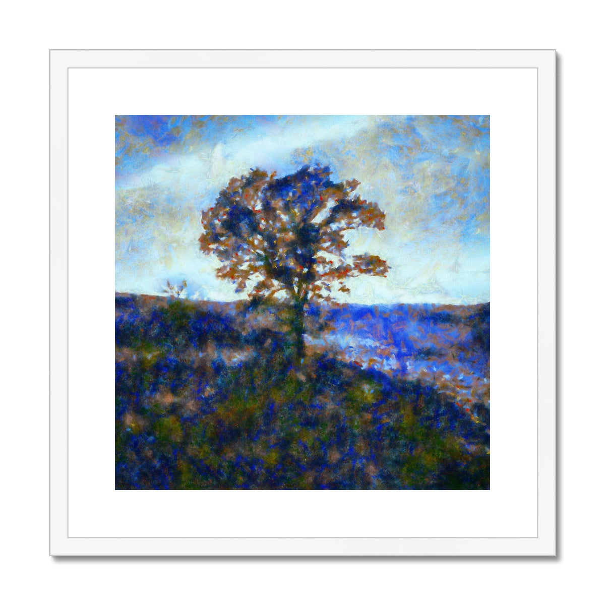 A Winter Highland Tree Painting | Framed & Mounted Prints From Scotland-Framed & Mounted Prints-Scottish Highlands & Lowlands Art Gallery-20"x20"-White Frame-Paintings, Prints, Homeware, Art Gifts From Scotland By Scottish Artist Kevin Hunter