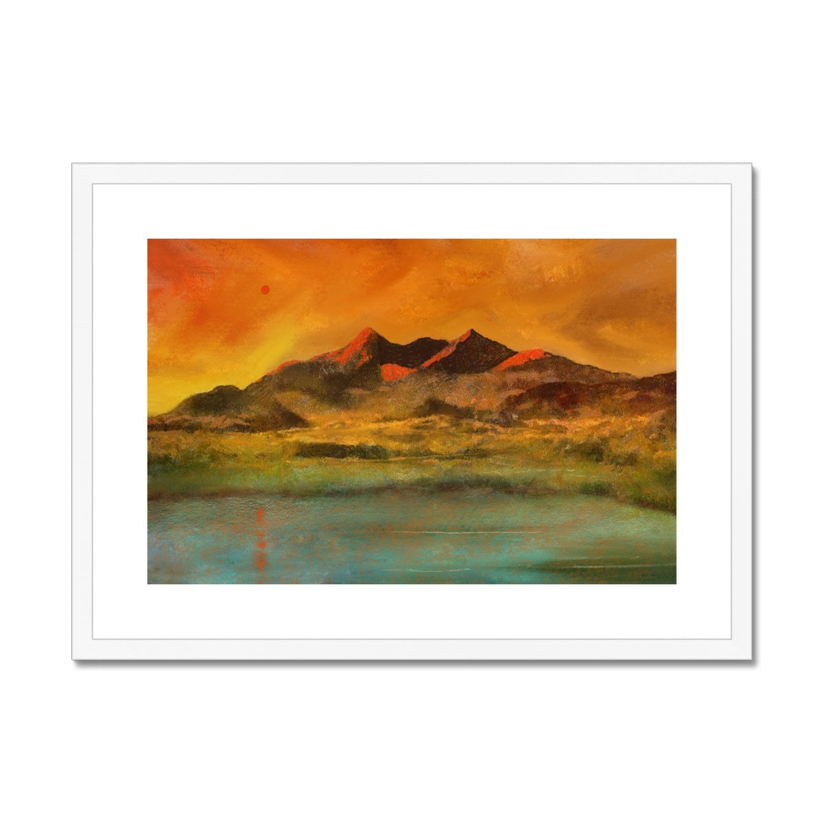Skye Red Moon Cuillin Painting | Framed & Mounted Prints From Scotland-Framed & Mounted Prints-Skye Art Gallery-A2 Landscape-White Frame-Paintings, Prints, Homeware, Art Gifts From Scotland By Scottish Artist Kevin Hunter