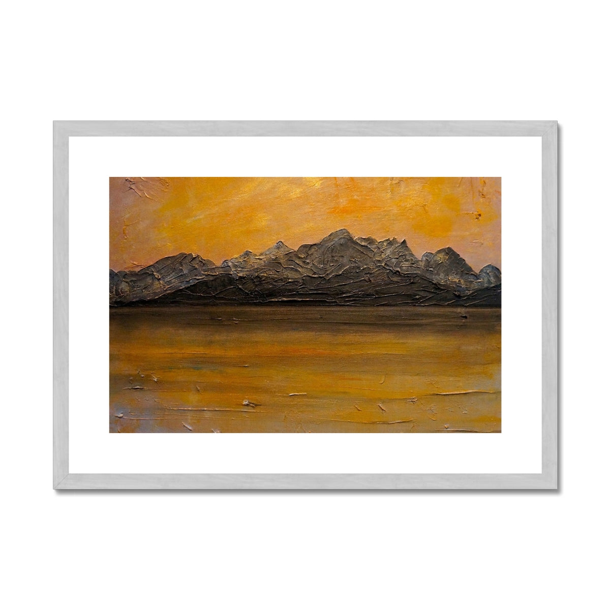 Cuillin Sunset Skye Painting | Antique Framed & Mounted Prints From Scotland-Antique Framed & Mounted Prints-Skye Art Gallery-A2 Landscape-Silver Frame-Paintings, Prints, Homeware, Art Gifts From Scotland By Scottish Artist Kevin Hunter