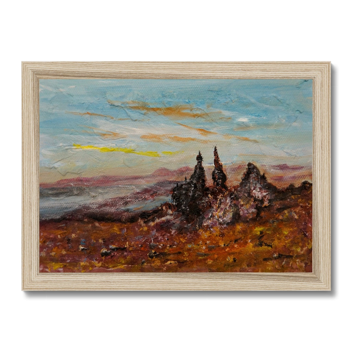The Storr Skye Painting | Framed Prints From Scotland-Framed Prints-Skye Art Gallery-A4 Landscape-Natural Frame-Paintings, Prints, Homeware, Art Gifts From Scotland By Scottish Artist Kevin Hunter