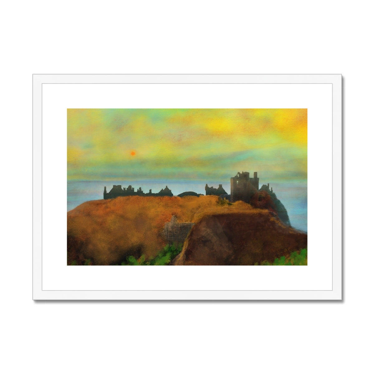 White framed Dunnottar Castle dusk print on cliffside with orange sky