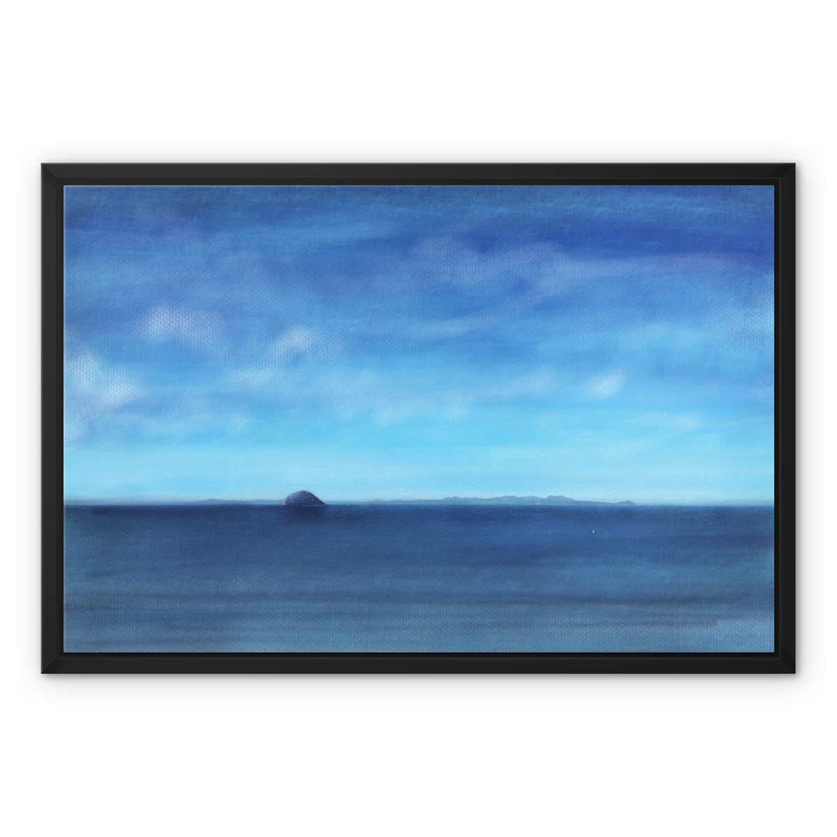 Ailsa Craig & Arran Painting | Framed Canvas From Scotland-Floating Framed Canvas Prints-Arran Art Gallery-24"x18"-Black Frame-Paintings, Prints, Homeware, Art Gifts From Scotland By Scottish Artist Kevin Hunter