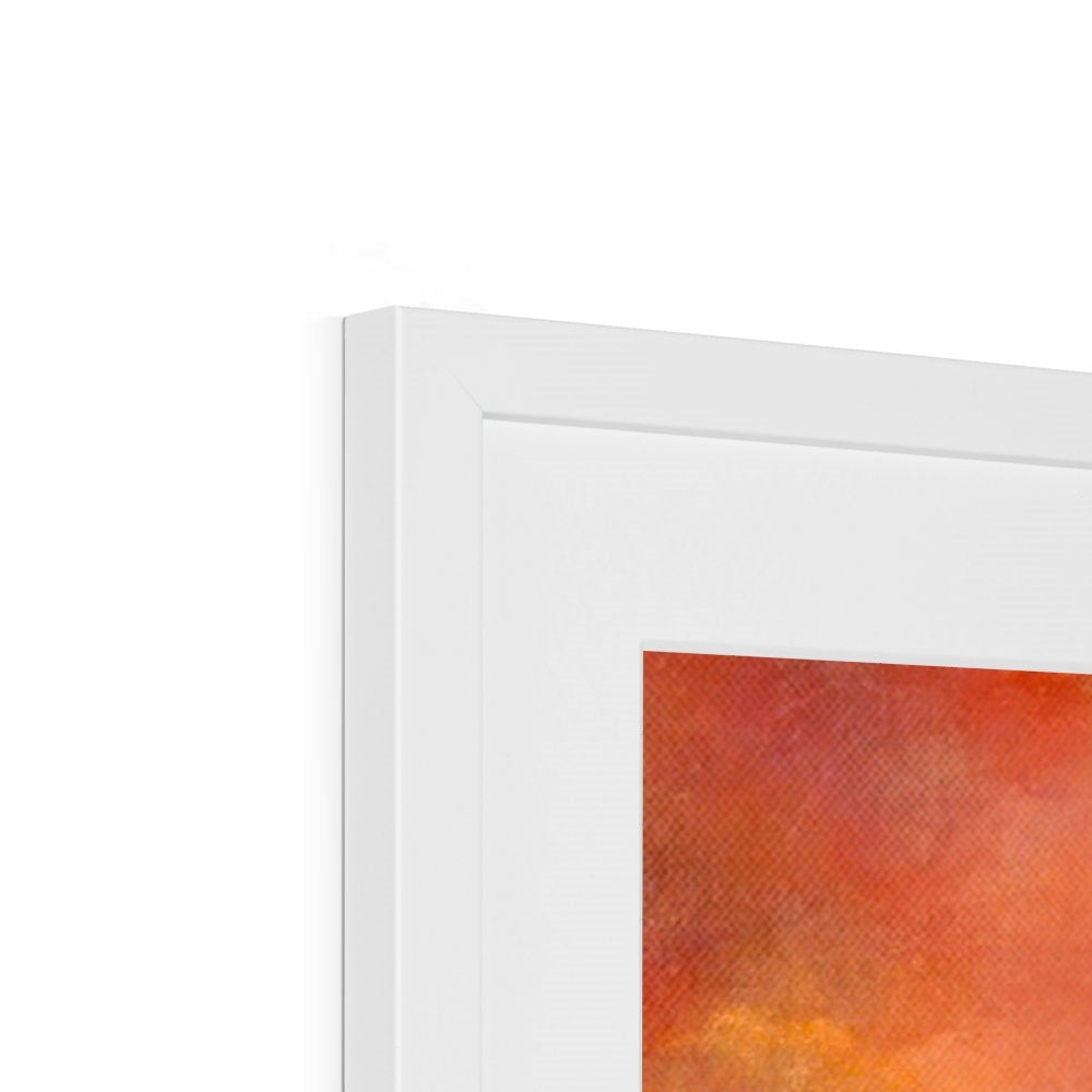 White framed Calgary Beach Sunset Mull abstract print in orange red hues