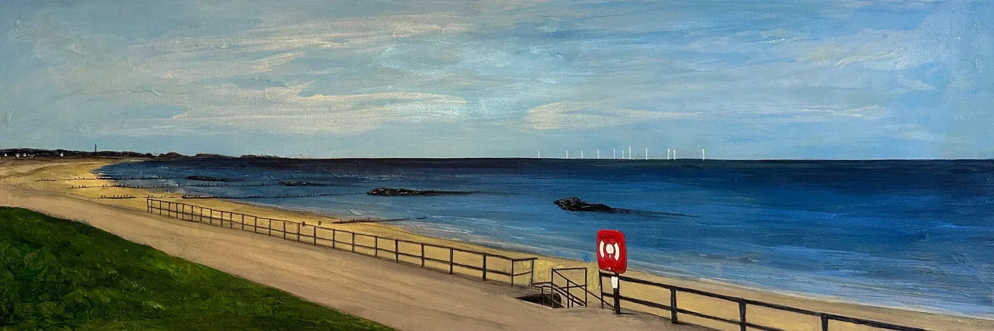 Aberdeen Promenade panoramic painting of beachfront walkway with wooden railing and red sign