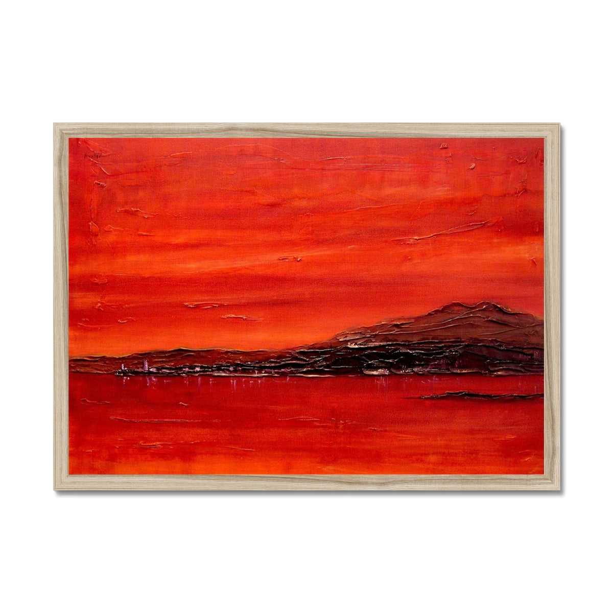 Toward Point Lighthouse Sunset Painting | Framed Prints From Scotland-Framed Prints-Arran Art Gallery-A2 Landscape-Natural Frame-Paintings, Prints, Homeware, Art Gifts From Scotland By Scottish Artist Kevin Hunter