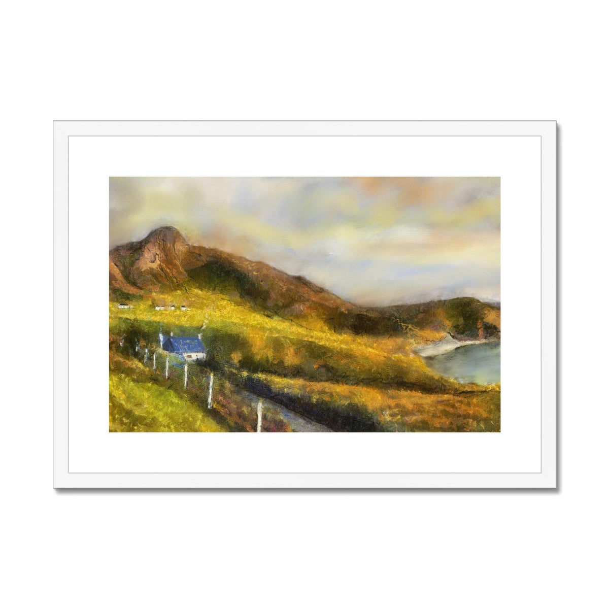 Achiltibuie framed print of white-framed landscape with blue house and green hills