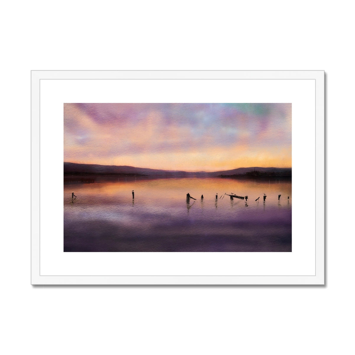 Admiralty Jetty Dusk framed print with purple orange sunset landscape