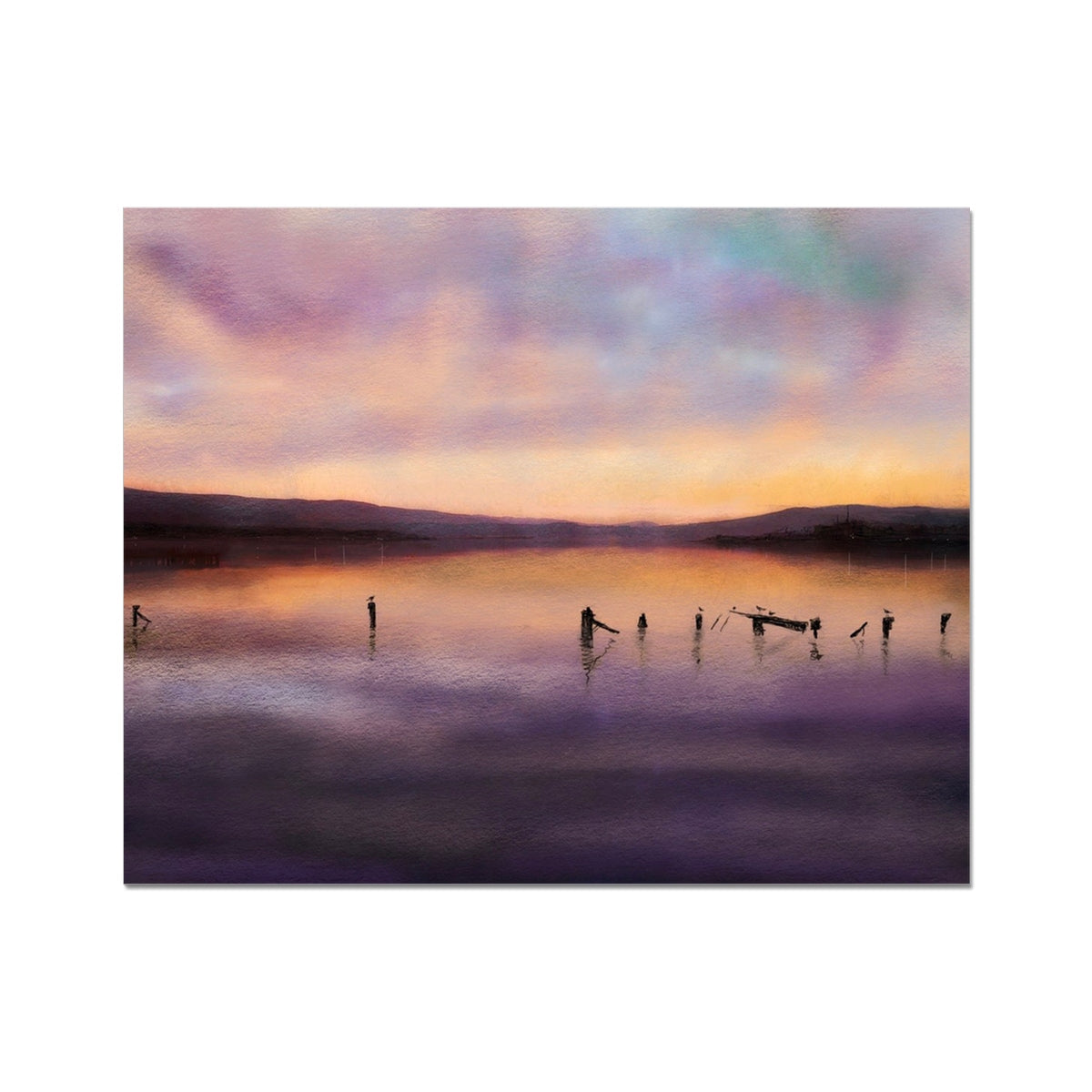 Purple pink sunset sky art print of people in water, Admiralty Jetty Dusk Hahnemuhle German Etching
