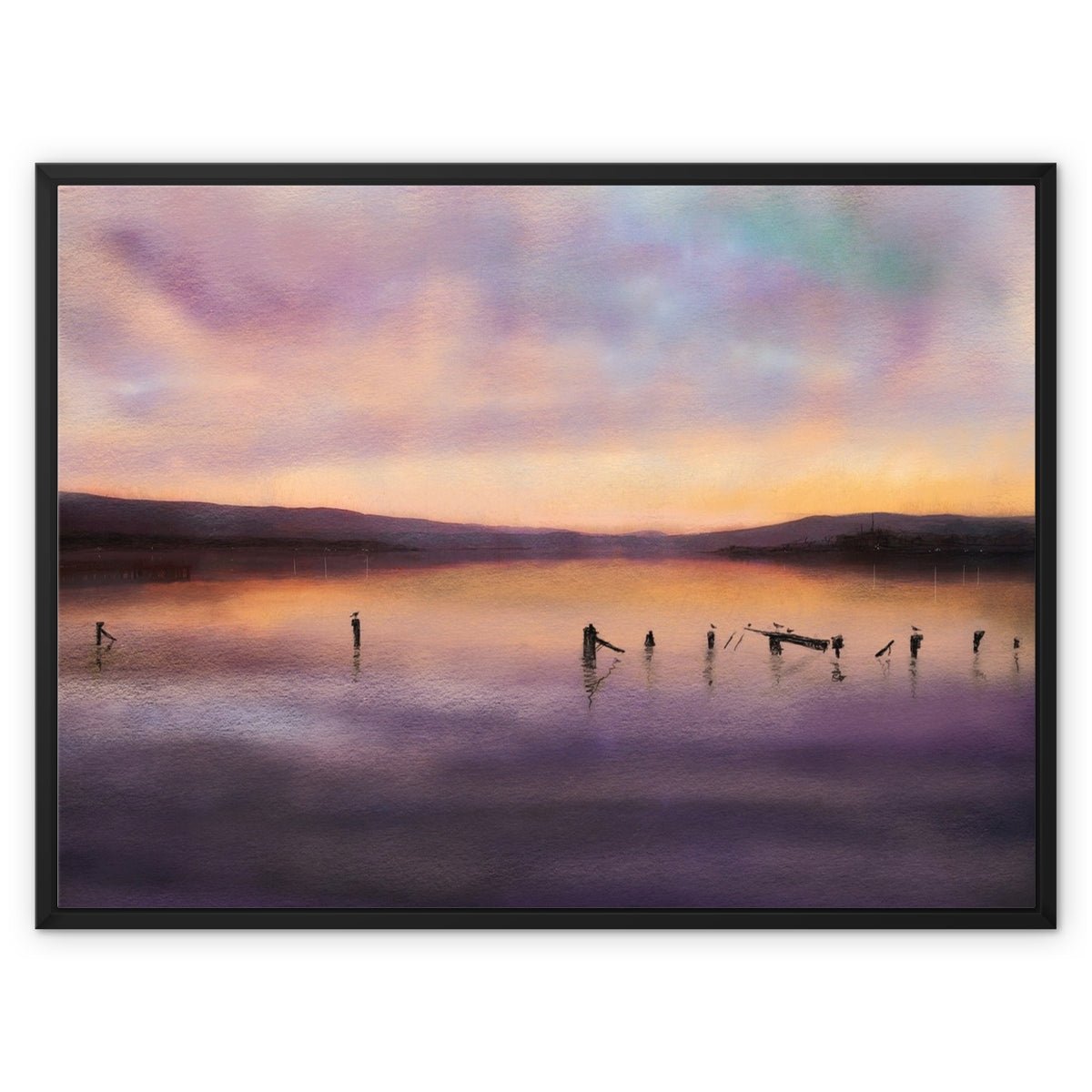 Admiralty Jetty Dusk Painting | Framed Canvas From Scotland-Floating Framed Canvas Prints-River Clyde Art Gallery-32"x24"-Black Frame-Paintings, Prints, Homeware, Art Gifts From Scotland By Scottish Artist Kevin Hunter