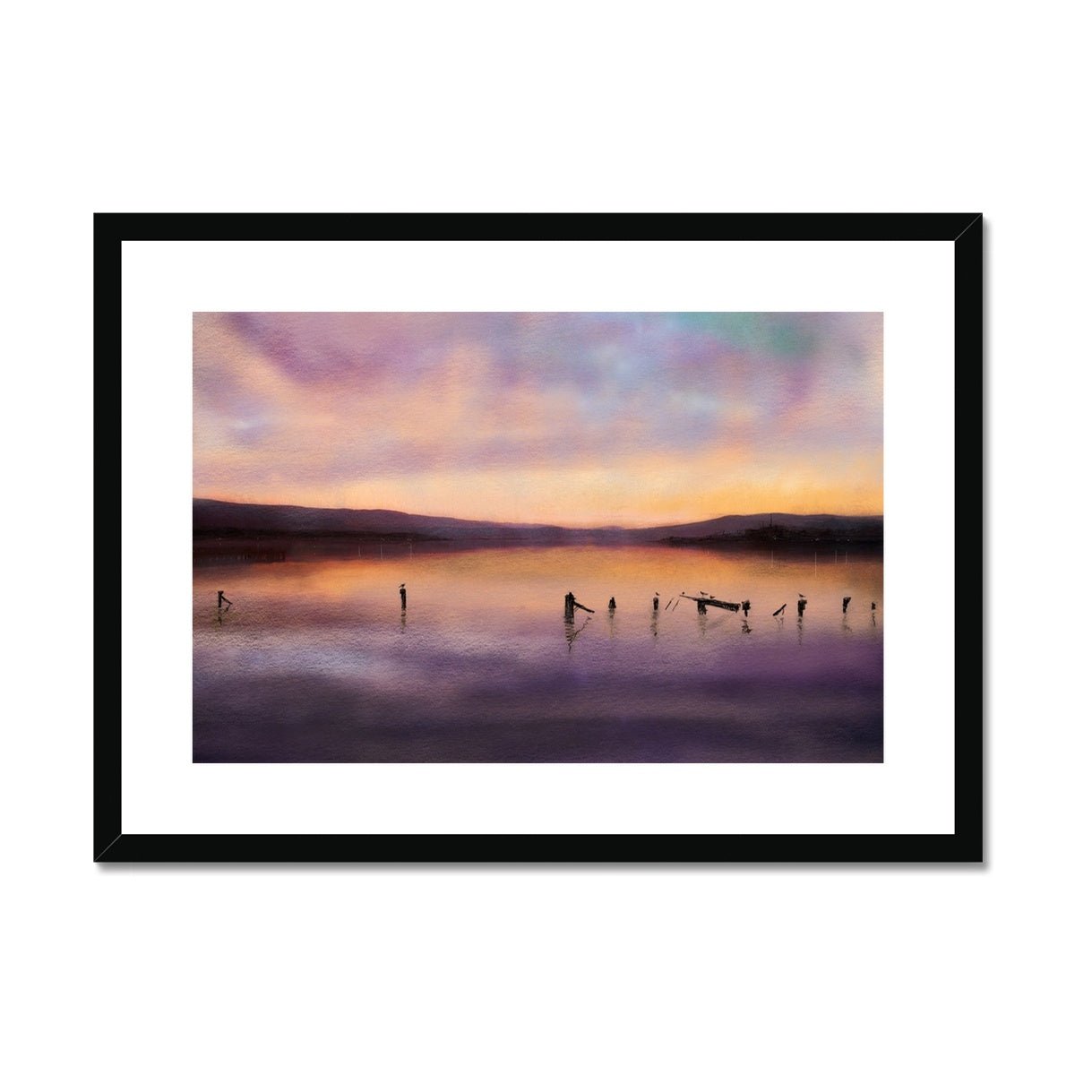 Admiralty Jetty Dusk Painting | Framed & Mounted Prints From Scotland-Framed & Mounted Prints-River Clyde Art Gallery-A2 Landscape-Black Frame-Paintings, Prints, Homeware, Art Gifts From Scotland By Scottish Artist Kevin Hunter