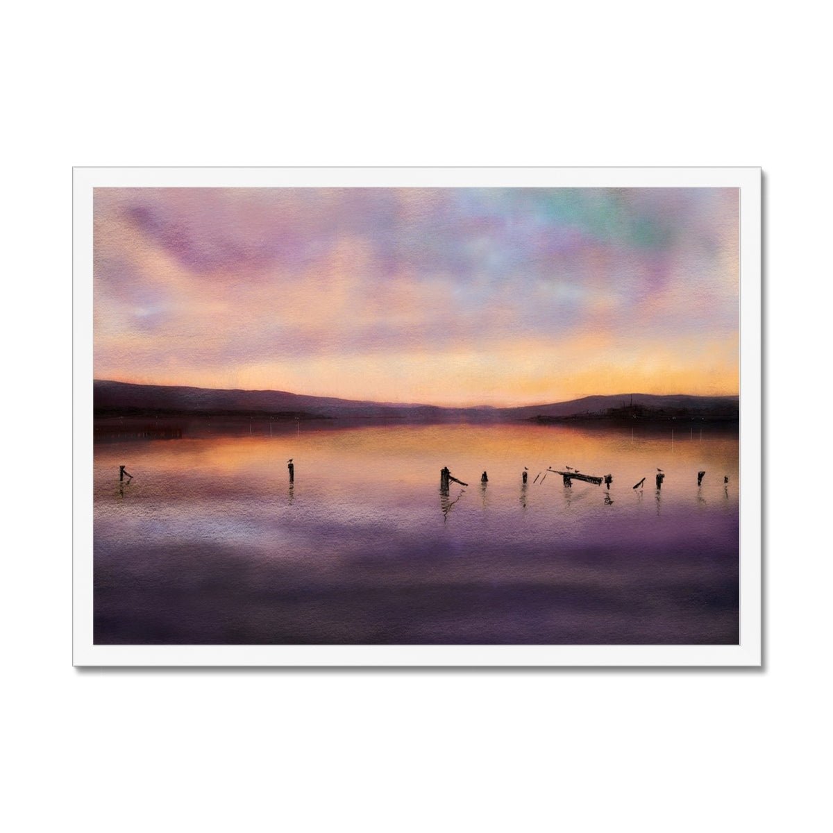 Admiralty Jetty Dusk Painting | Framed Prints From Scotland-Framed Prints-River Clyde Art Gallery-A2 Landscape-White Frame-Paintings, Prints, Homeware, Art Gifts From Scotland By Scottish Artist Kevin Hunter