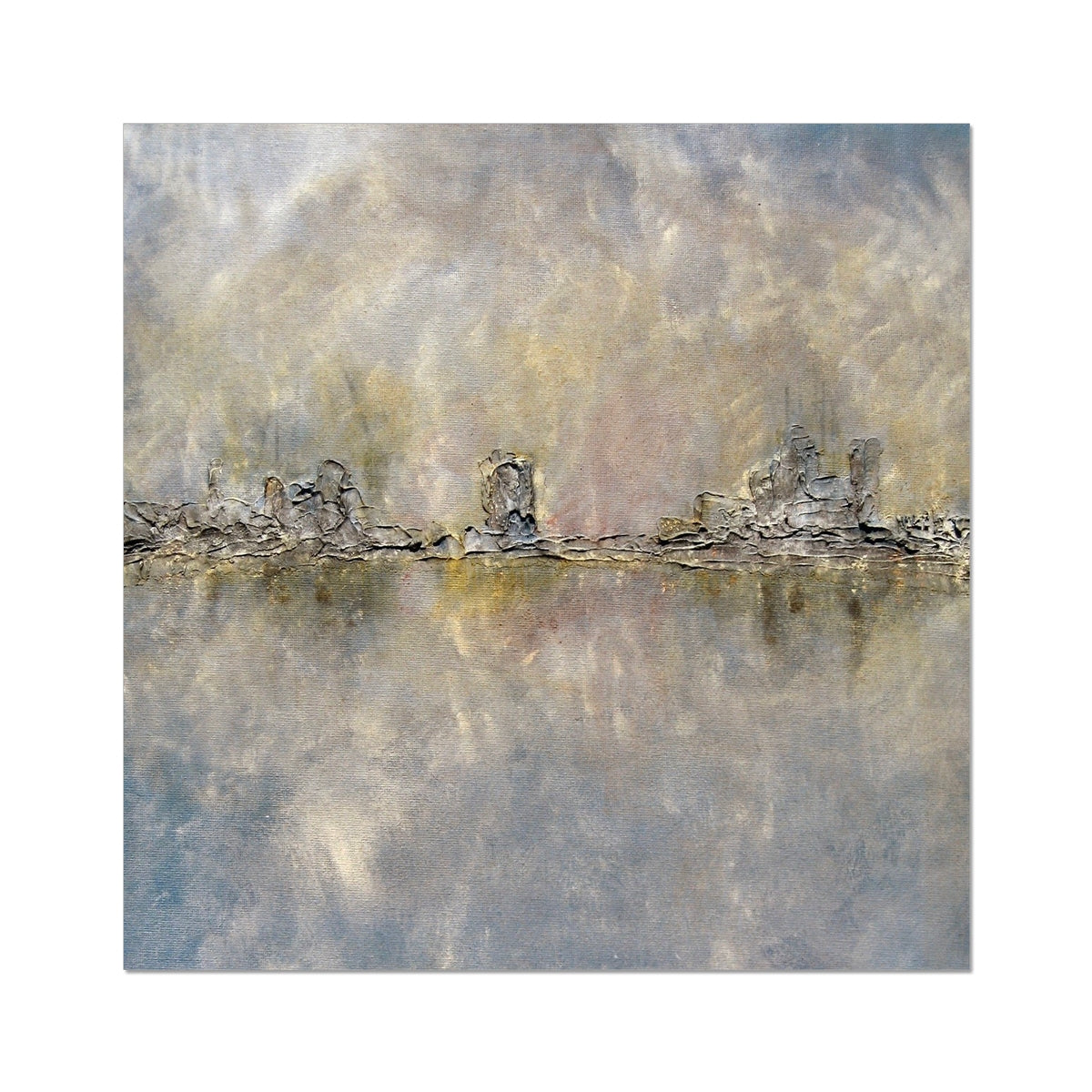 Abstract misty Glasgow Docks etching print in muted earth tones