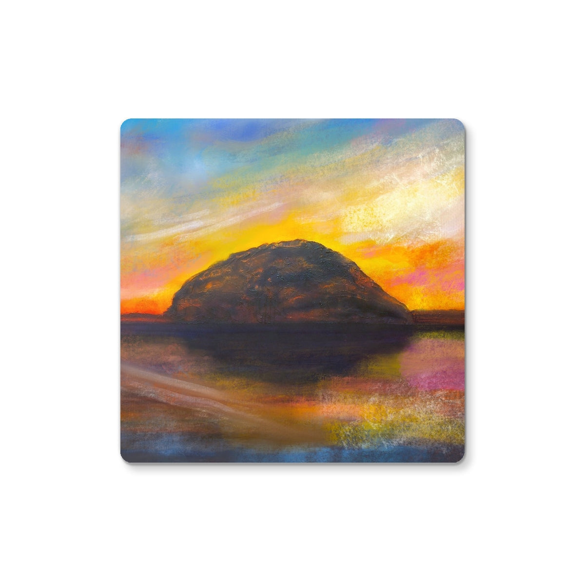 A vibrant sunset painting of a mountain reflected in water on Ailsa Craig Dusk Coaster
