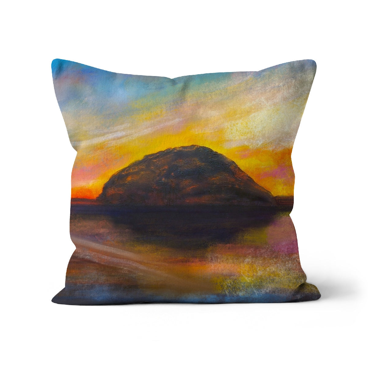 Ailsa Craig Dusk Cushion with impressionistic mountain sunset landscape design