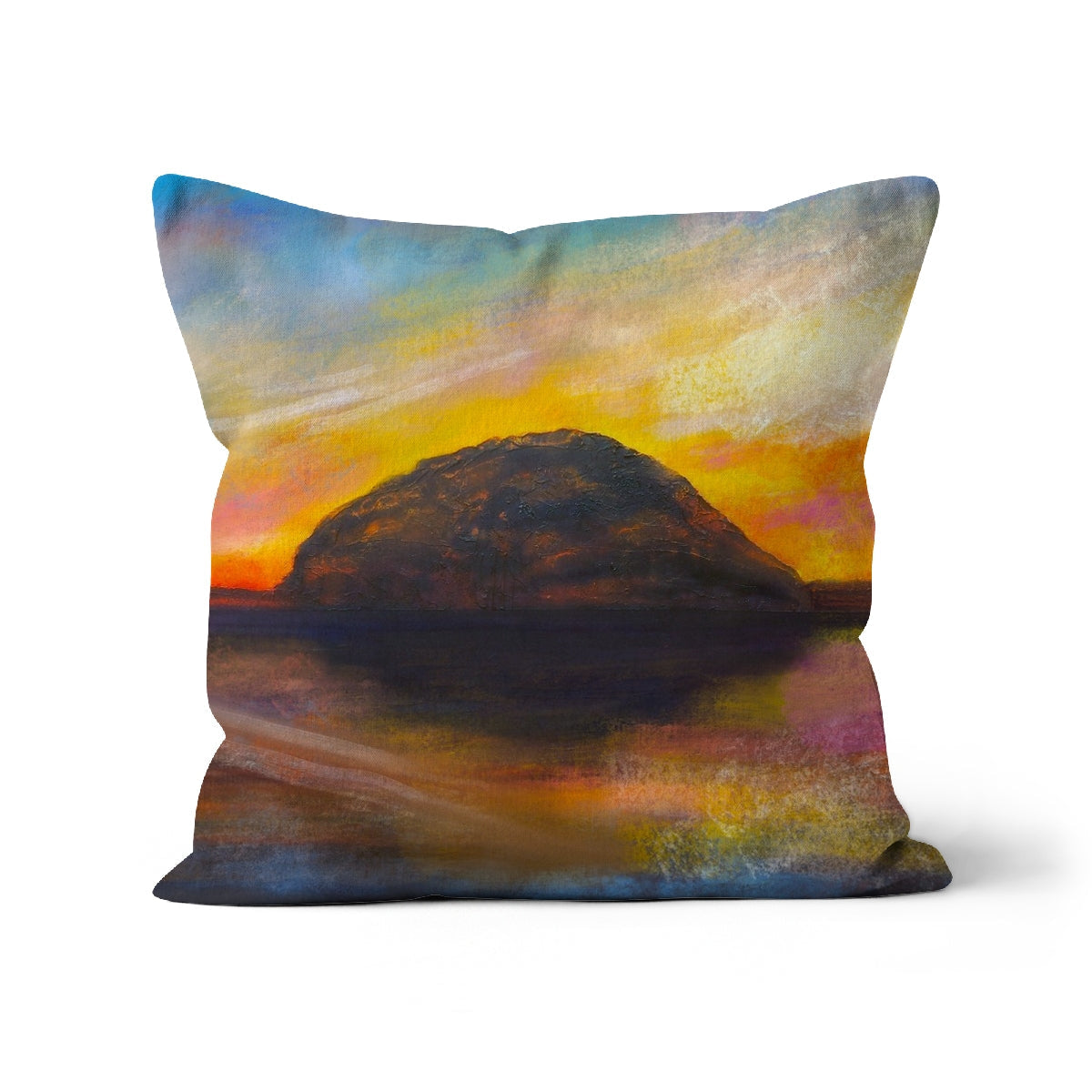 Colorful artistic landscape pillow featured in the Ailsa Craig Dusk Cushion product display