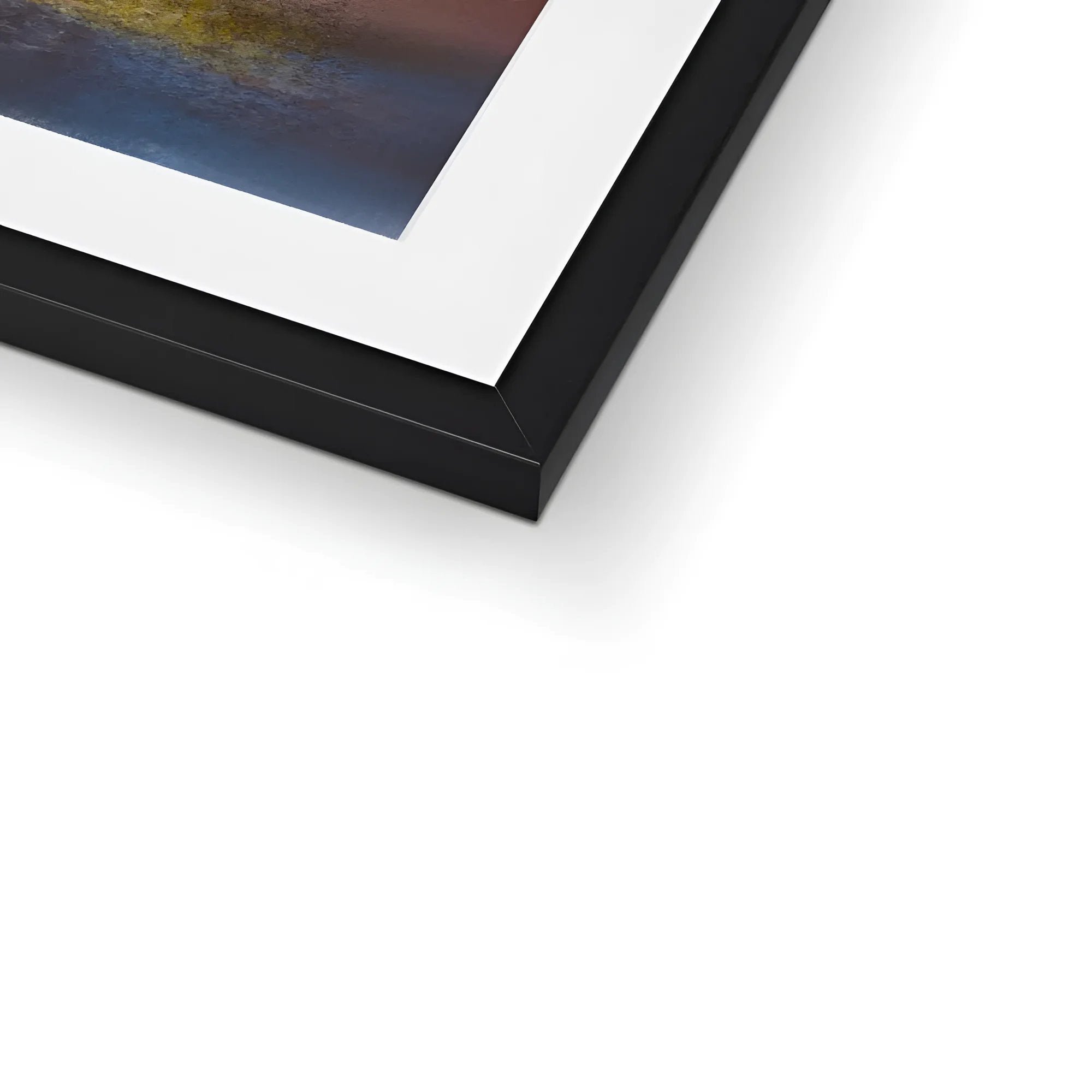 Framed Ailsa Craig Dusk print with black frame and white mat for wall display