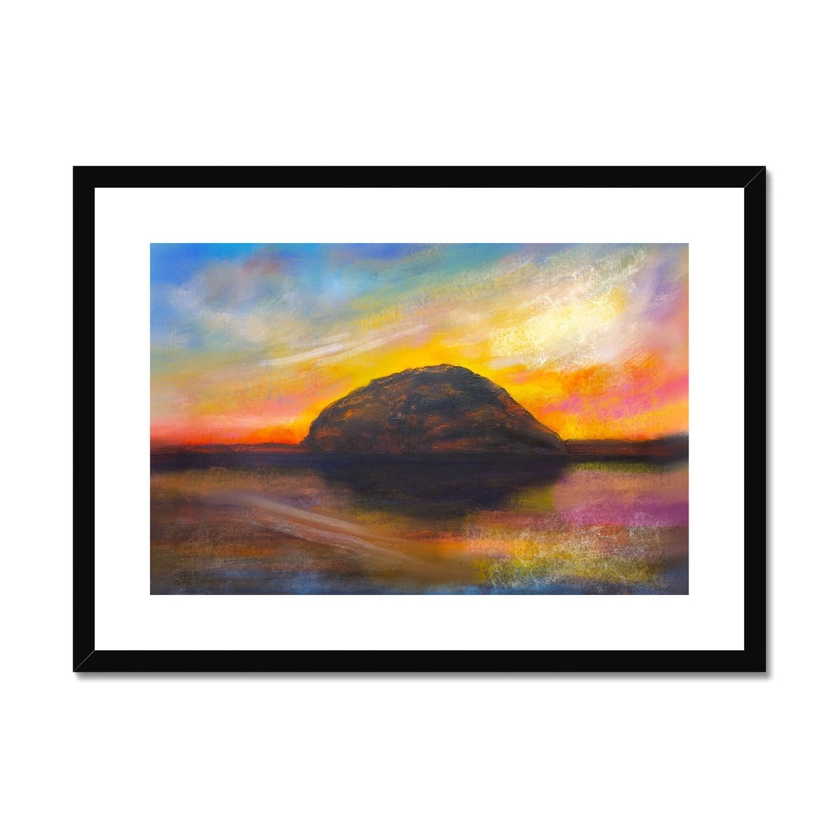Colorful framed landscape painting of Ailsa Craig at sunset reflected in water