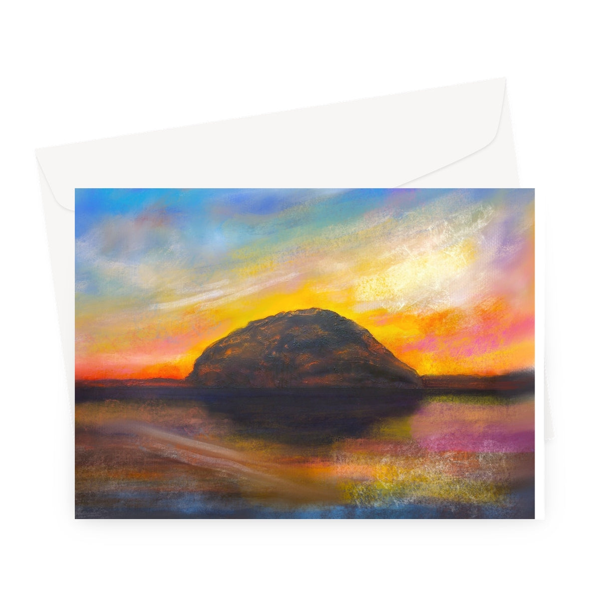 Vibrant sunset over water with landmass on Ailsa Craig Dusk Greeting Card