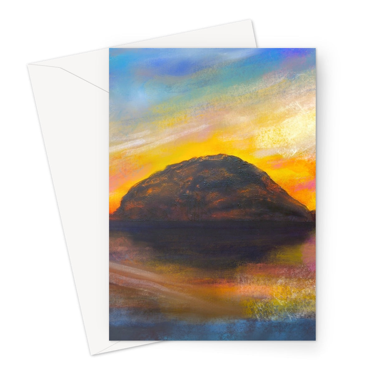 Ailsa Craig Dusk Greeting Card with abstract mountain sunset reflection artwork