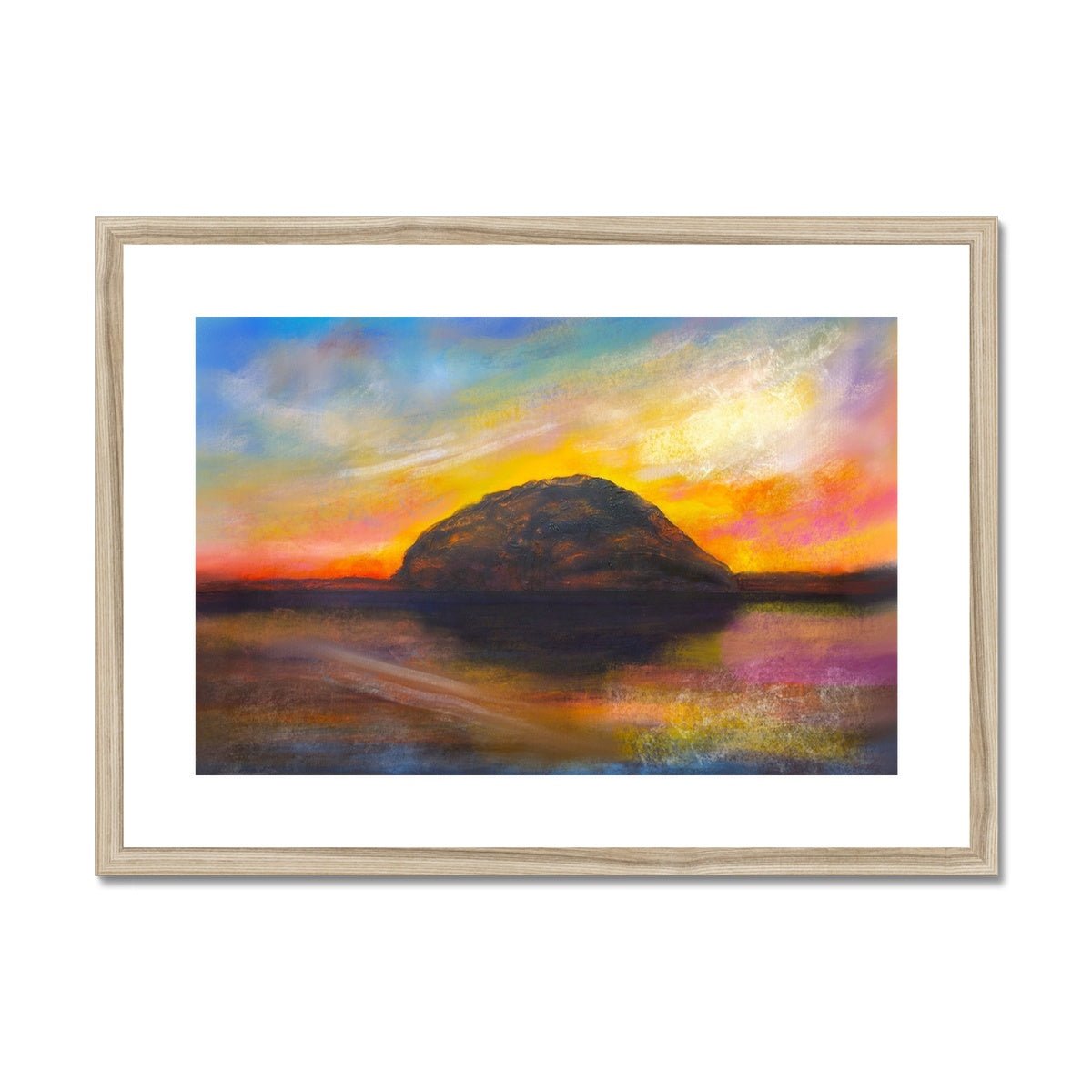 Ailsa Craig Dusk Painting | Framed & Mounted Prints From Scotland-Framed & Mounted Prints-Arran Art Gallery-A2 Landscape-Natural Frame-Paintings, Prints, Homeware, Art Gifts From Scotland By Scottish Artist Kevin Hunter
