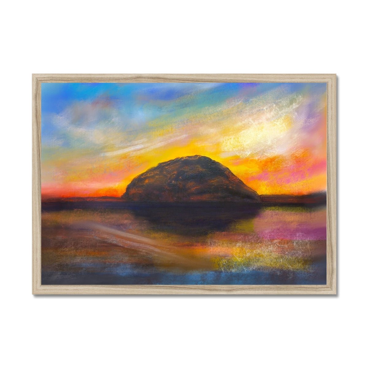 Ailsa Craig Dusk Painting | Framed Prints From Scotland-Framed Prints-Arran Art Gallery-A2 Landscape-Natural Frame-Paintings, Prints, Homeware, Art Gifts From Scotland By Scottish Artist Kevin Hunter