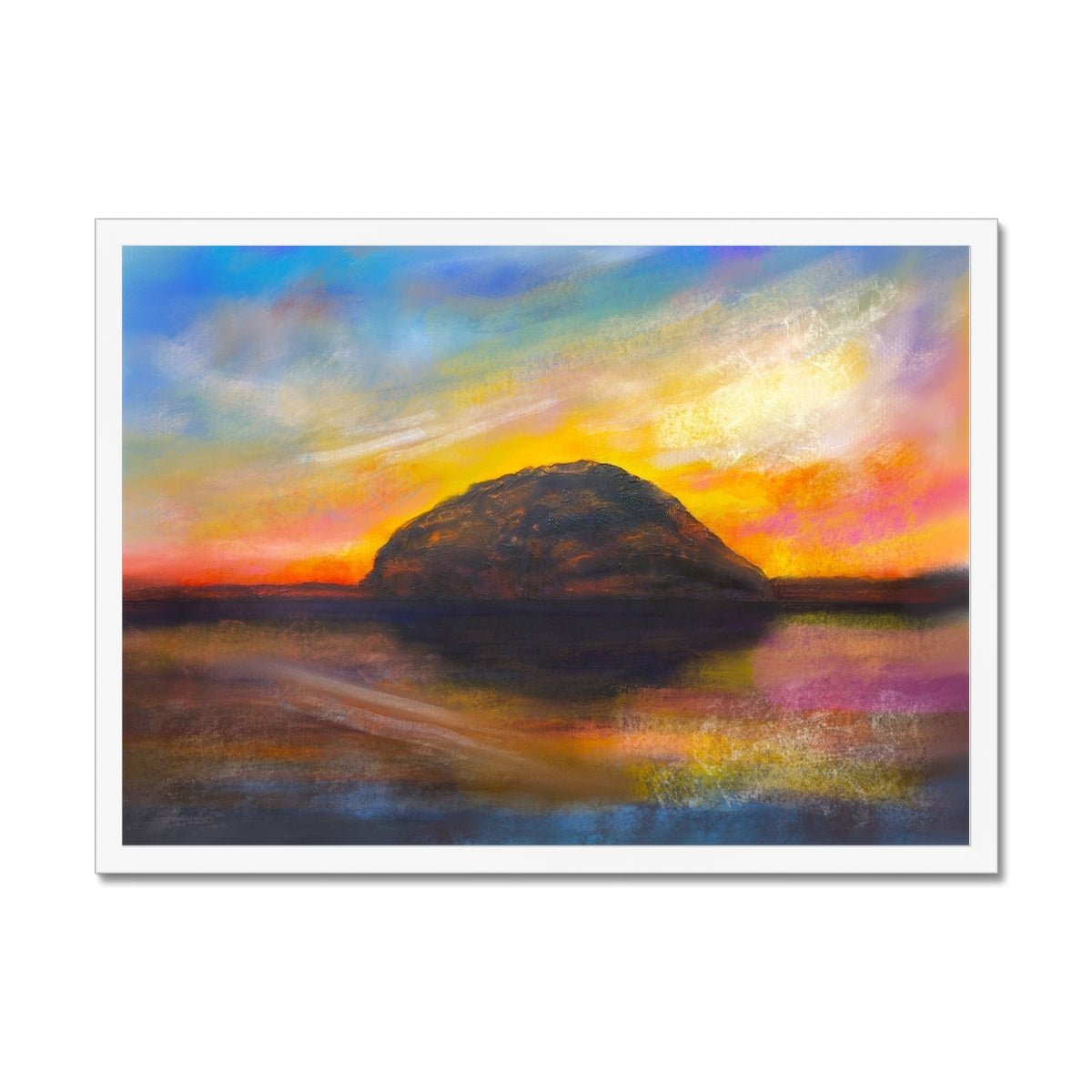 Ailsa Craig Dusk Painting | Framed Prints From Scotland-Framed Prints-Arran Art Gallery-A2 Landscape-White Frame-Paintings, Prints, Homeware, Art Gifts From Scotland By Scottish Artist Kevin Hunter