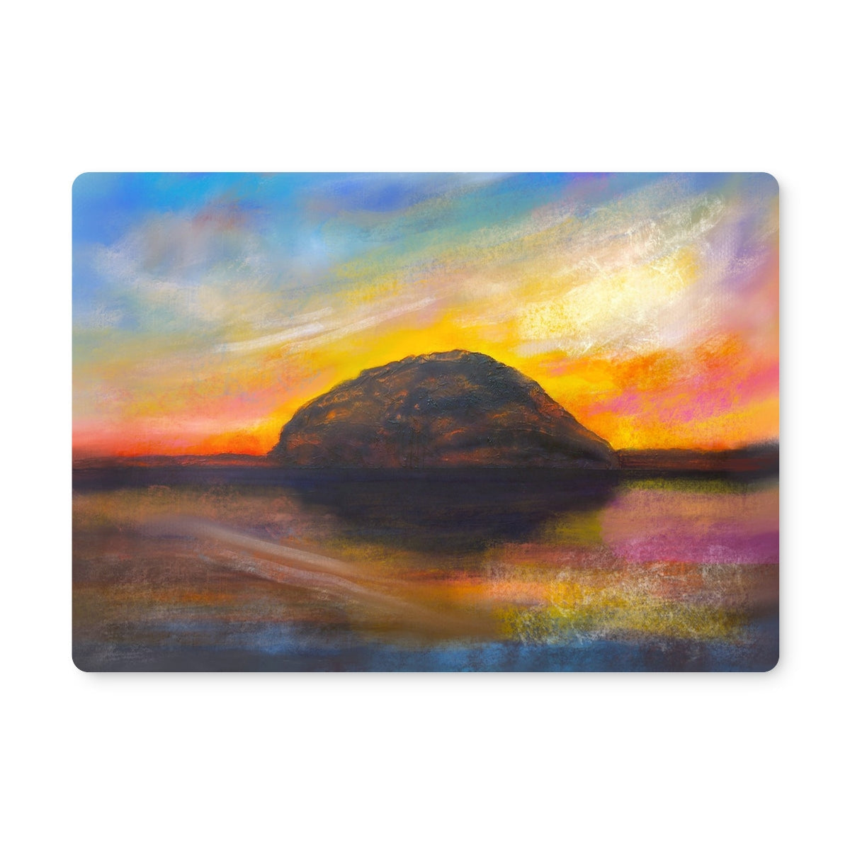 Colorful landscape painting of Ailsa Craig mountain at sunset reflected in water for Ailsa Craig Dusk Placemat