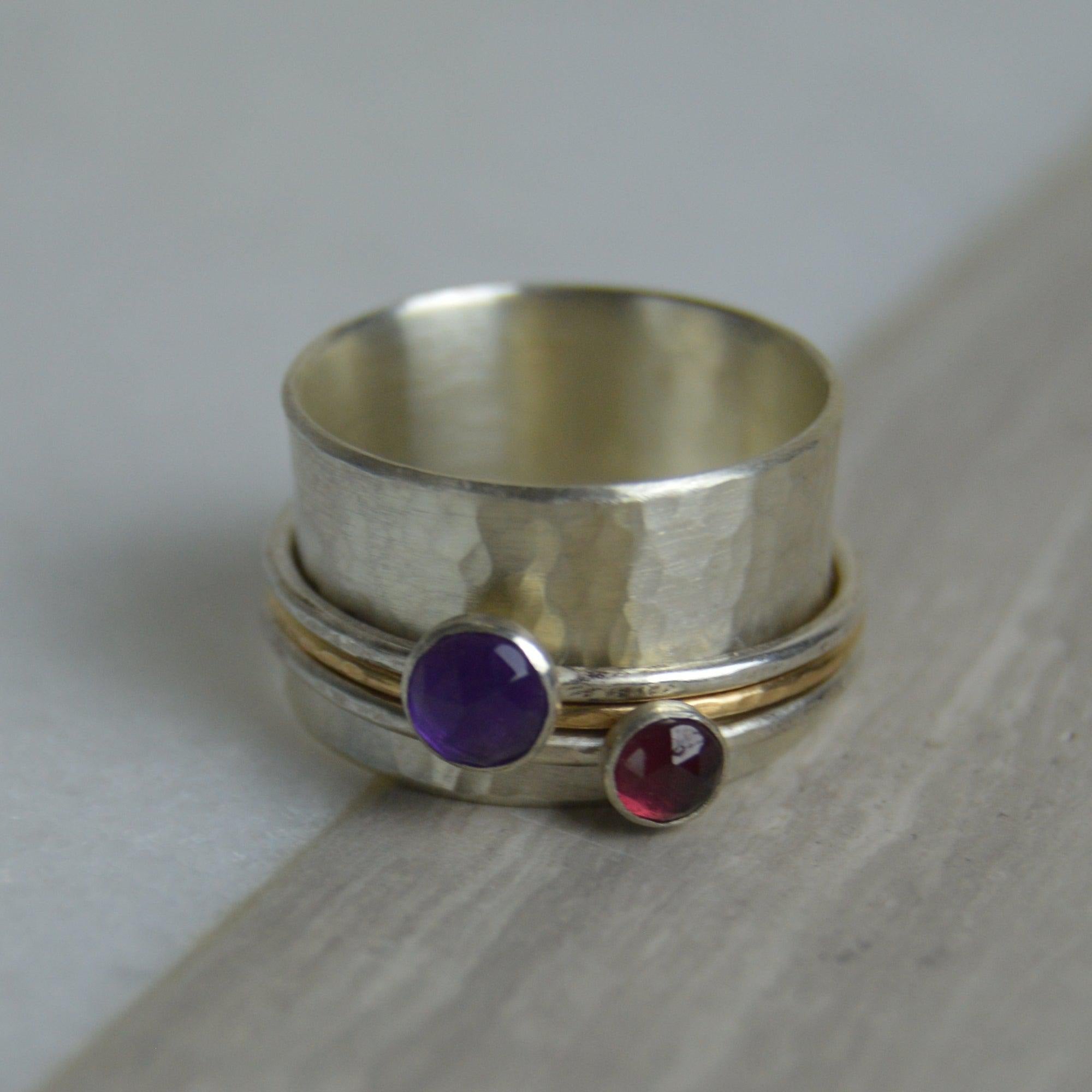 Handcrafted Amethyst & Garnet Spinning Ring by Lindsay Mcdowall Jewellery