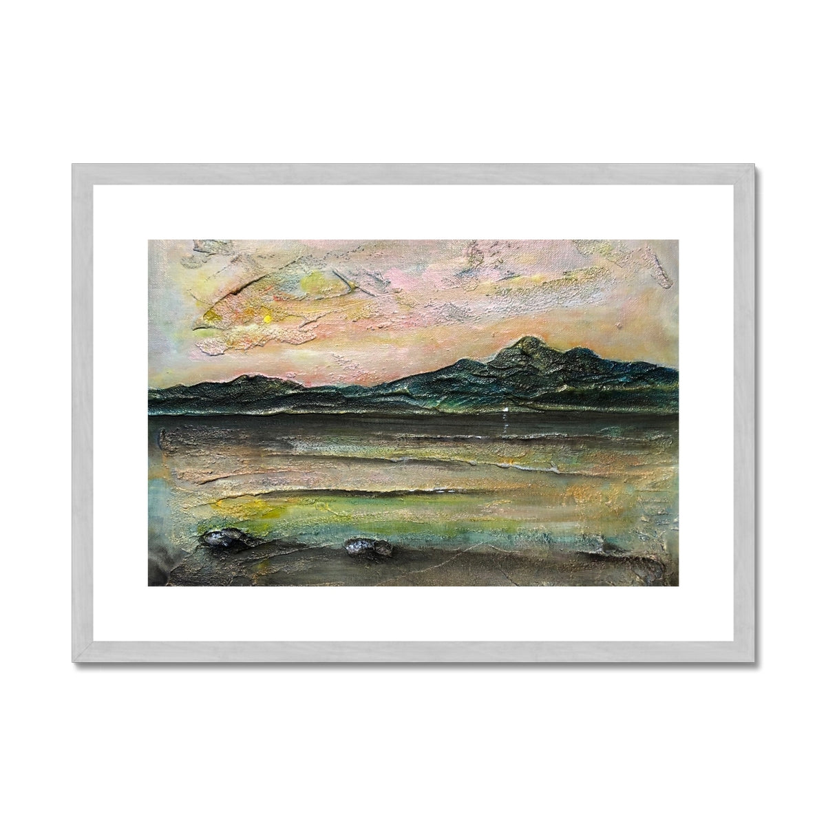 An Ethereal Loch Na Dal Skye Painting | Antique Framed & Mounted Prints From Scotland-Antique Framed & Mounted Prints-Scottish Lochs & Mountains Art Gallery-A2 Landscape-Silver Frame-Paintings, Prints, Homeware, Art Gifts From Scotland By Scottish Artist Kevin Hunter