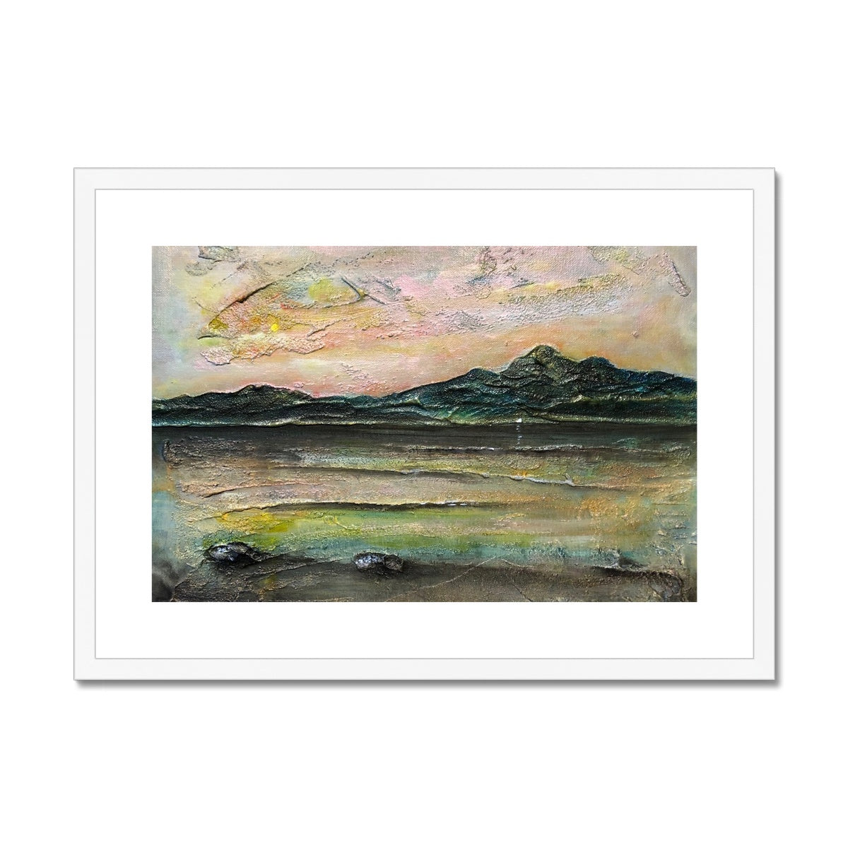 An Ethereal Loch Na Dal Skye Painting | Framed & Mounted Prints From Scotland-Framed & Mounted Prints-Scottish Lochs & Mountains Art Gallery-A2 Landscape-White Frame-Paintings, Prints, Homeware, Art Gifts From Scotland By Scottish Artist Kevin Hunter
